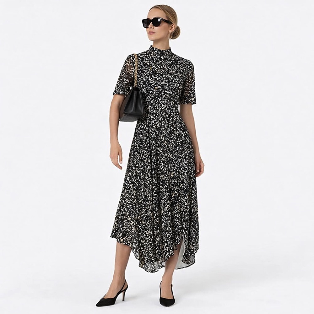 WHISTLES Asymmetrical Mesh Midi Dress Pleated Mock Neck Short‎ Sleeve Neutral 6